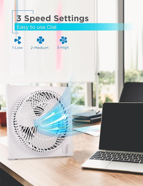 BLACK+DECKER 9-Inch Frameless Box Fan - Portable 3-Speed Desk Fan for Home Office or Garage, White
