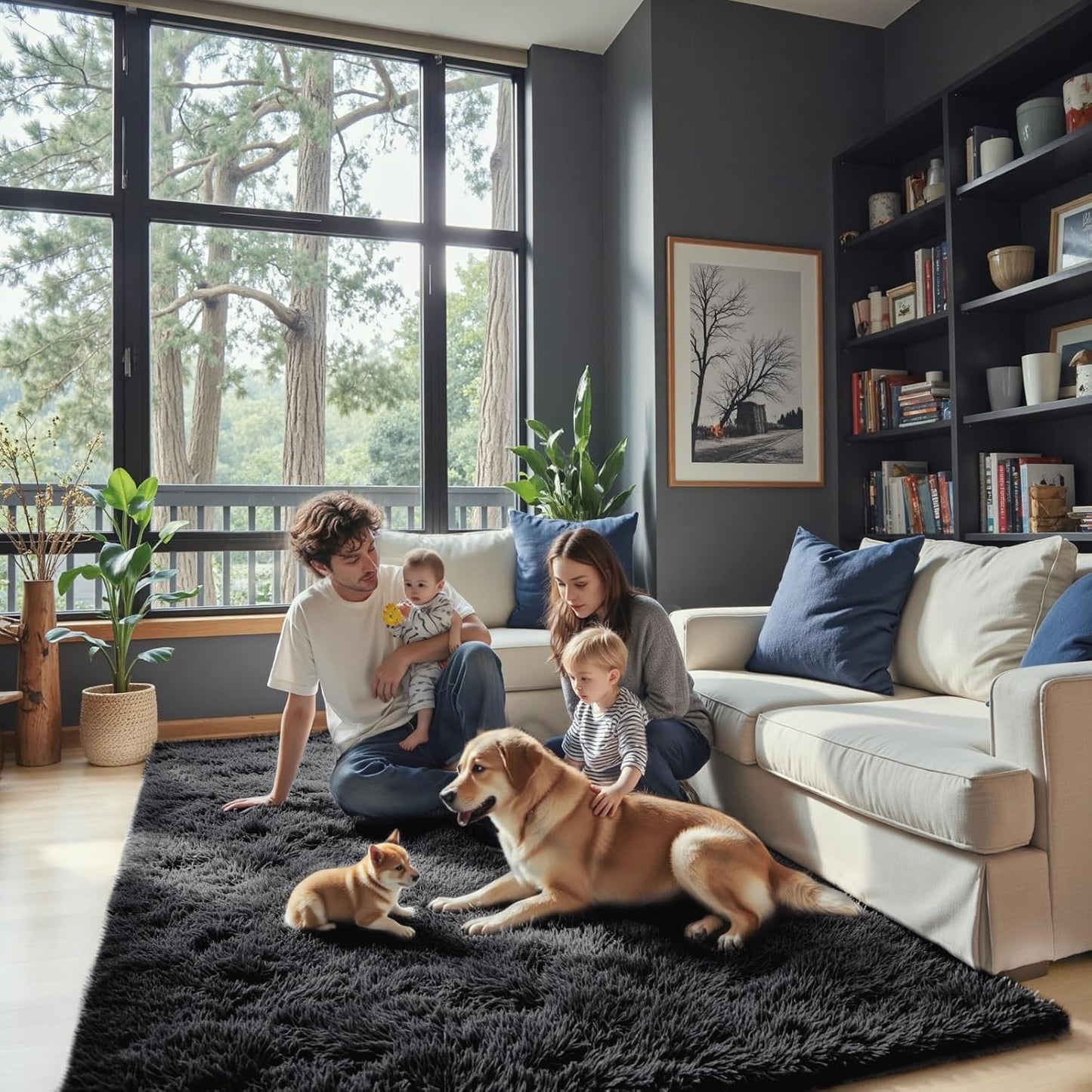 Skiennix Small Area Rug - Modern Black Shag Carpet for Bedroom | Fluffy 2x3 Feet Dorm Mat