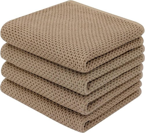 Homaxy Kitchen Dish Towels - Ultra Soft 100% Cotton Waffle Weave, Quick Drying, 4-Pack, Tan, 13 x 28 Inches