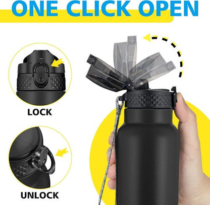 Han's Bottle Sports Water Bottle - 24 Oz Vacuum Insulated, Leak Proof Straw Lid - Black Stainless Steel