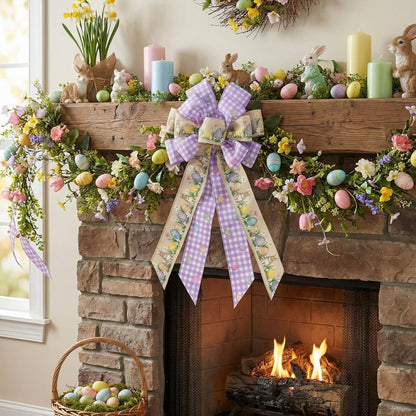 Purple Gingham Easter Bunny Wreath Bow - 21 Inch Large Wired Ribbon for Front Door & Spring Decor