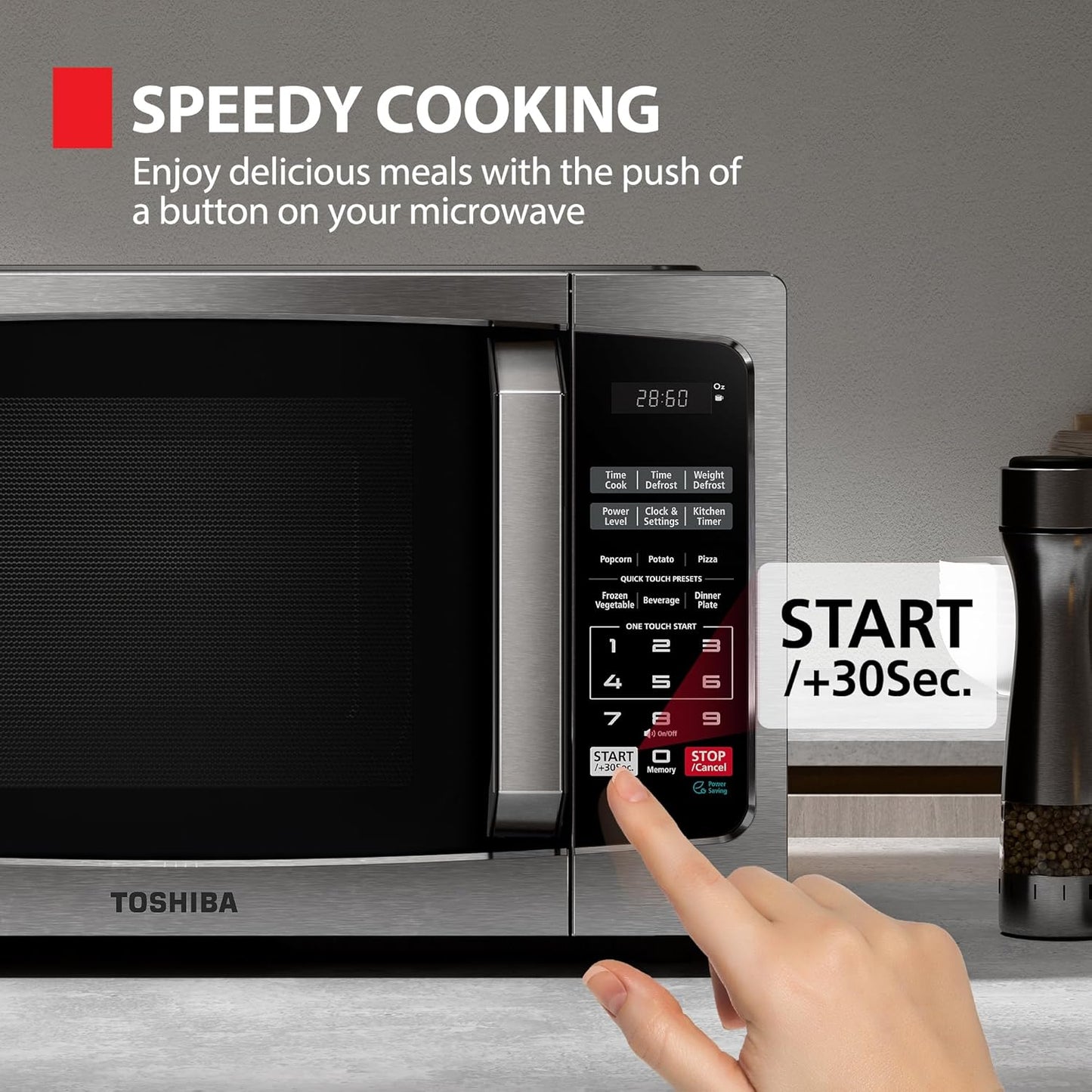 TOSHIBA Small Microwave Oven - 0.9 Cu Ft, 900W, Stainless Steel | 6 Auto Menus & Mute Function