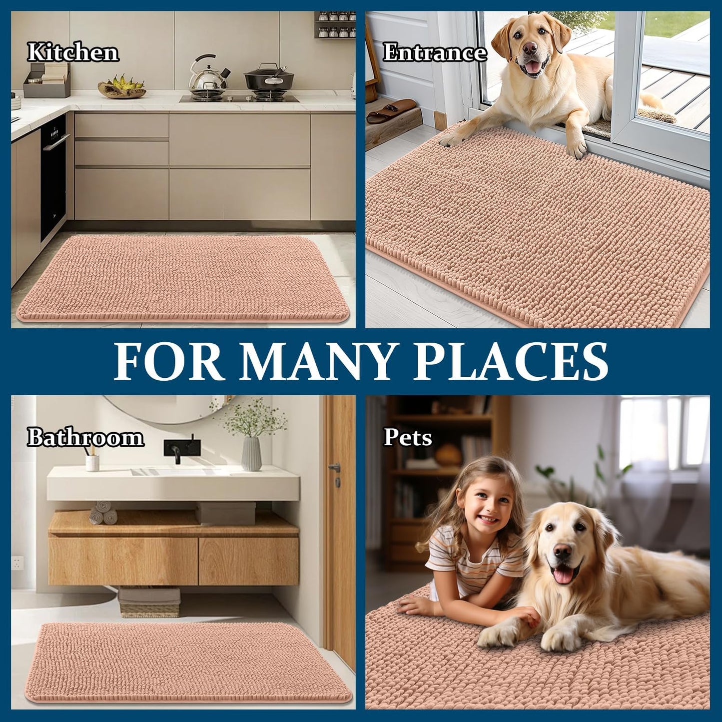 OLANLY Dog Door Mat - Absorbent Non-Slip Mud Mat for Dogs | Quick Dry Chenille, 30x20, Peach