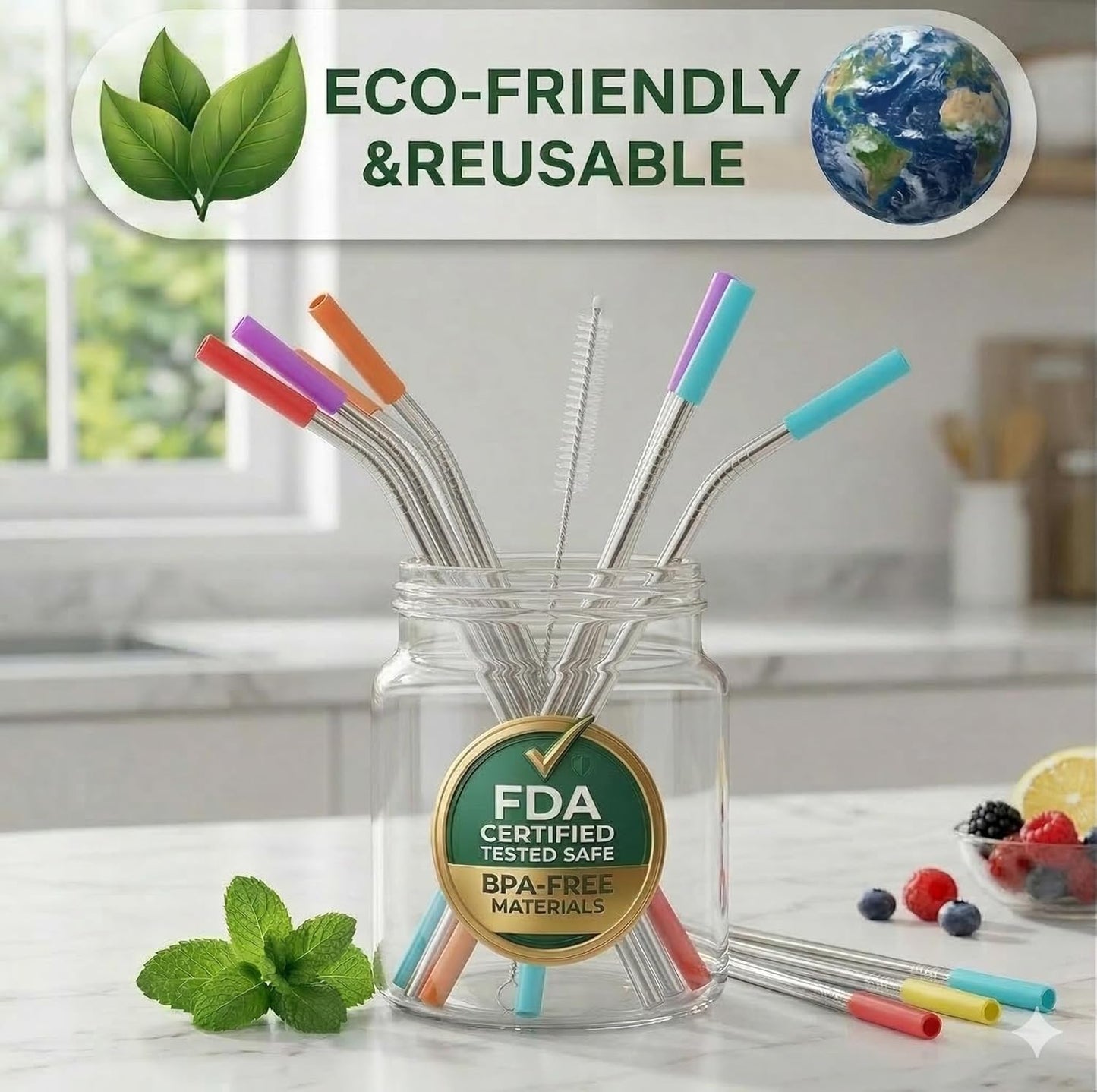 Skiennix Reusable Stainless Steel Straws - Eco-Friendly Extra Long Set of 16 with Travel Case & Cleaning Brush