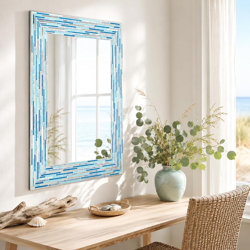 Head West Blues2 24 x 30 Frameless Mosaic Vanity Mirror - Reeded Tile-Print Rectangle Wall Mirror