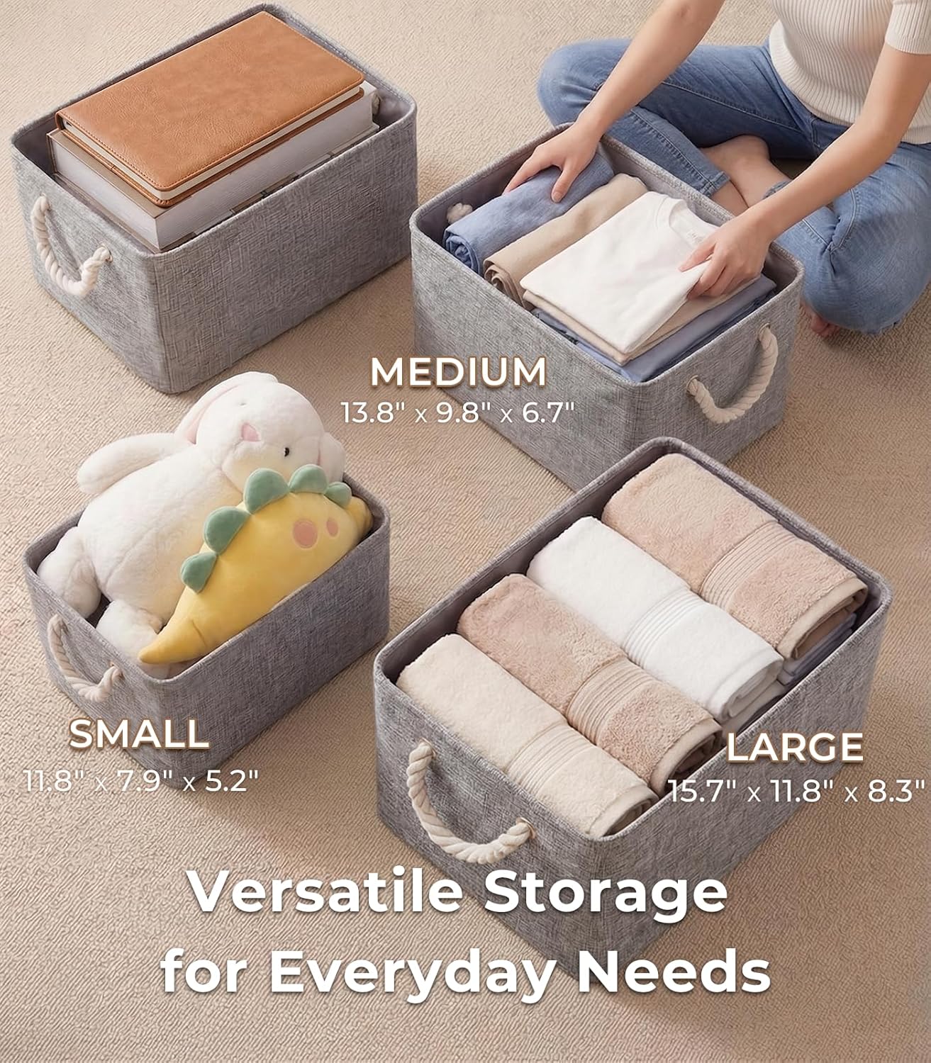 TheWarmHome Storage Bins - Grey Fabric Organizing Baskets | 11.8x7.9x5.2 Inch Closet Cubes