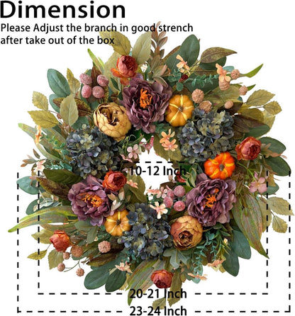 WANNA-CUL 24 Inch Spring & Fall Wreath - Blue Hydrangea & Purple Peony Home Decor