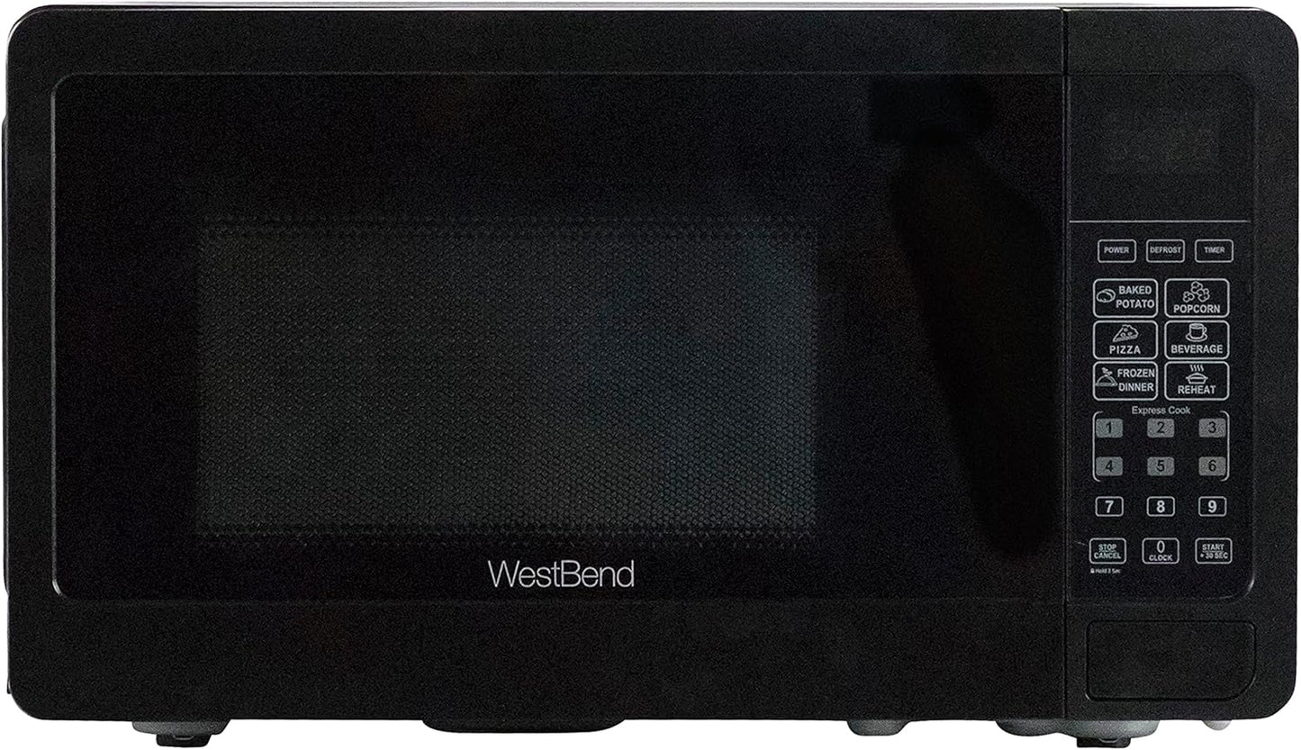 West Bend Microwave Oven - 700 Watts Compact Design with 6 Pre-Set Cooking Settings | 0.7 Cu.Ft., Black