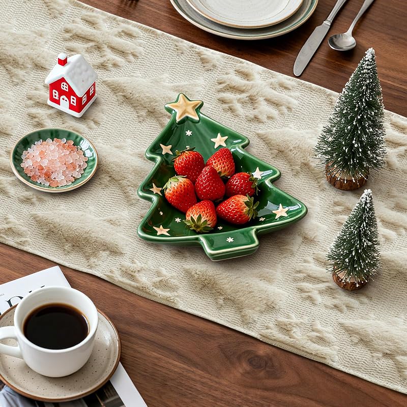 Christmas Table Runner 13x60 Inch Beige with 3D Tree & Snowflake Pattern – Faux Fur, Indoor/Outdoor Farmhouse Decor (Variation: Beige+Table Runner, 13" x 60")