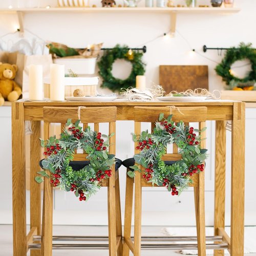 Daifunli Mini Wreaths - 8 Pcs 10-Inch Christmas Candle Rings with Red Berries & Eucalyptus Decor