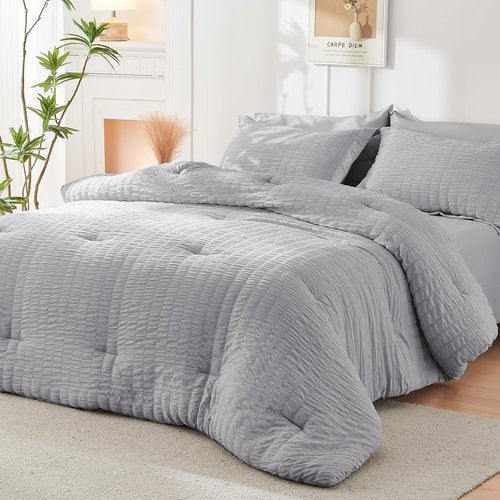 HYMOKEGE Light Grey California King Comforter Set Seersucker 7 Pieces, All Season Luxury Bed in a Bag for Bedroom, Bedding Set with Comforters, Sheets, Pillowcases & Shams