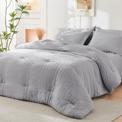 HYMOKEGE Light Grey California King Comforter Set Seersucker 7 Pieces, All Season Luxury Bed in a Bag for Bedroom, Bedding Set with Comforters, Sheets, Pillowcases & Shams
