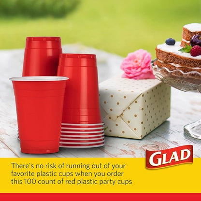 Glad Everyday Disposable Plastic Cups - Heavy Duty Red Drinking Party Cups - 16 Ounce, 100 Count | 6 Pack