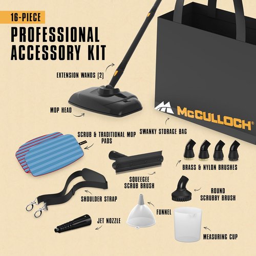 McCulloch MC1270 Portable Power Steam Cleaner - 30-Minute Runtime & 16 Accessories for Home, Tile, Grout, Carpet, & Car Detailing