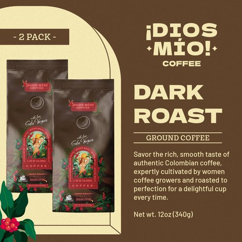 Dios Mio Coffee by Sofia Vergara, Dark Roast, Ground Premium Colombian Coffee, 12 Ounce Bag (Pack of 2)