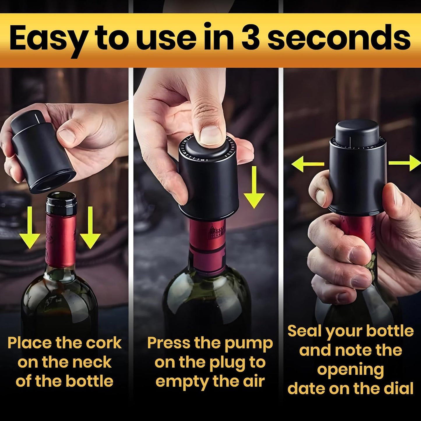 Wine Bottle Stopper with Vacuum Pump – Reusable Wine Saver That Preserves Freshness for Days – Universal Fit Wine Preserver, Bar & Kitchen Accessory