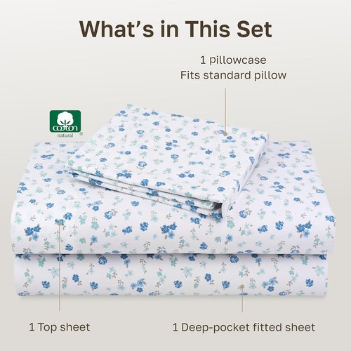 California Design Den Twin XL Cotton Sheet Set - 400 Thread Count, Award-Winning Sateen Finish, Floral White/Blue