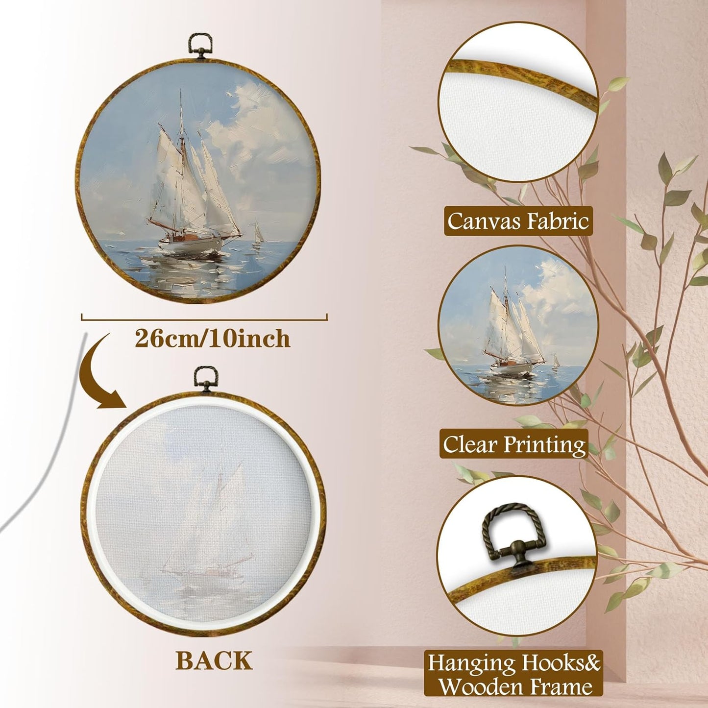 Shiviody Coastal Sailboats Canvas Wall Art - Nautical Ocean Decor for Beach House | 10"x10" Round Prints