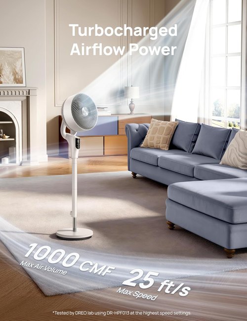 DREO Oscillating Standing Fan - 90° Airflow, 20dB Quiet Operation, Adjustable Height 38-42''