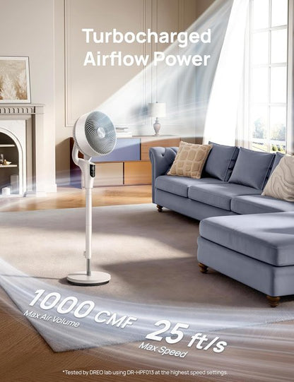 DREO Oscillating Standing Fan - 90° Airflow, 20dB Quiet Operation, Adjustable Height 38-42''