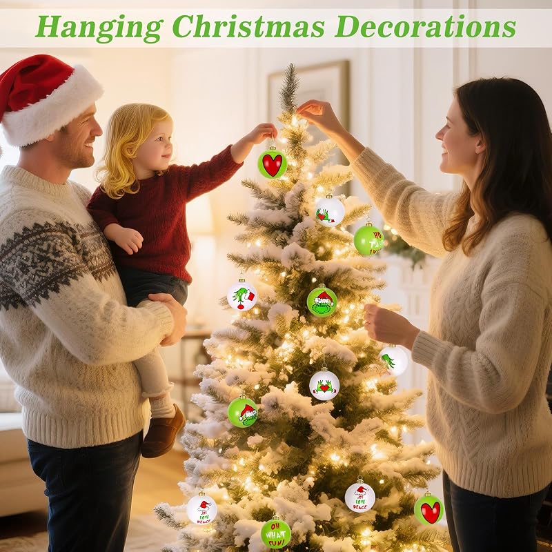 Christmas Decorations, 12 Pcs 2.4" Green & White Christmas Ornaments Set
