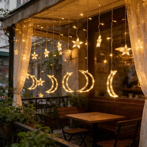 Dazzle Bright Ramadan Curtain String Lights - 138 LED Warm White Star & Moon Design | 8.2 FT Waterproof Decor