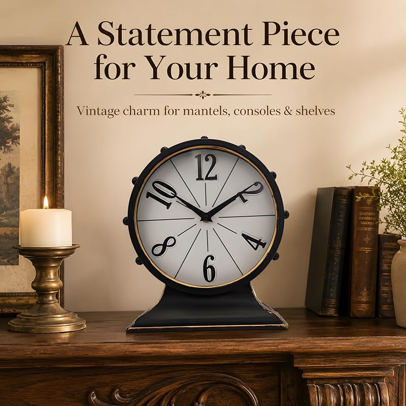 Large Vintage Mantel Clock - Black & Gold, Silent Metal Table Clock