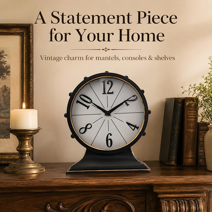 Large Vintage Mantel Clock - Black & Gold, Silent Metal Table Clock