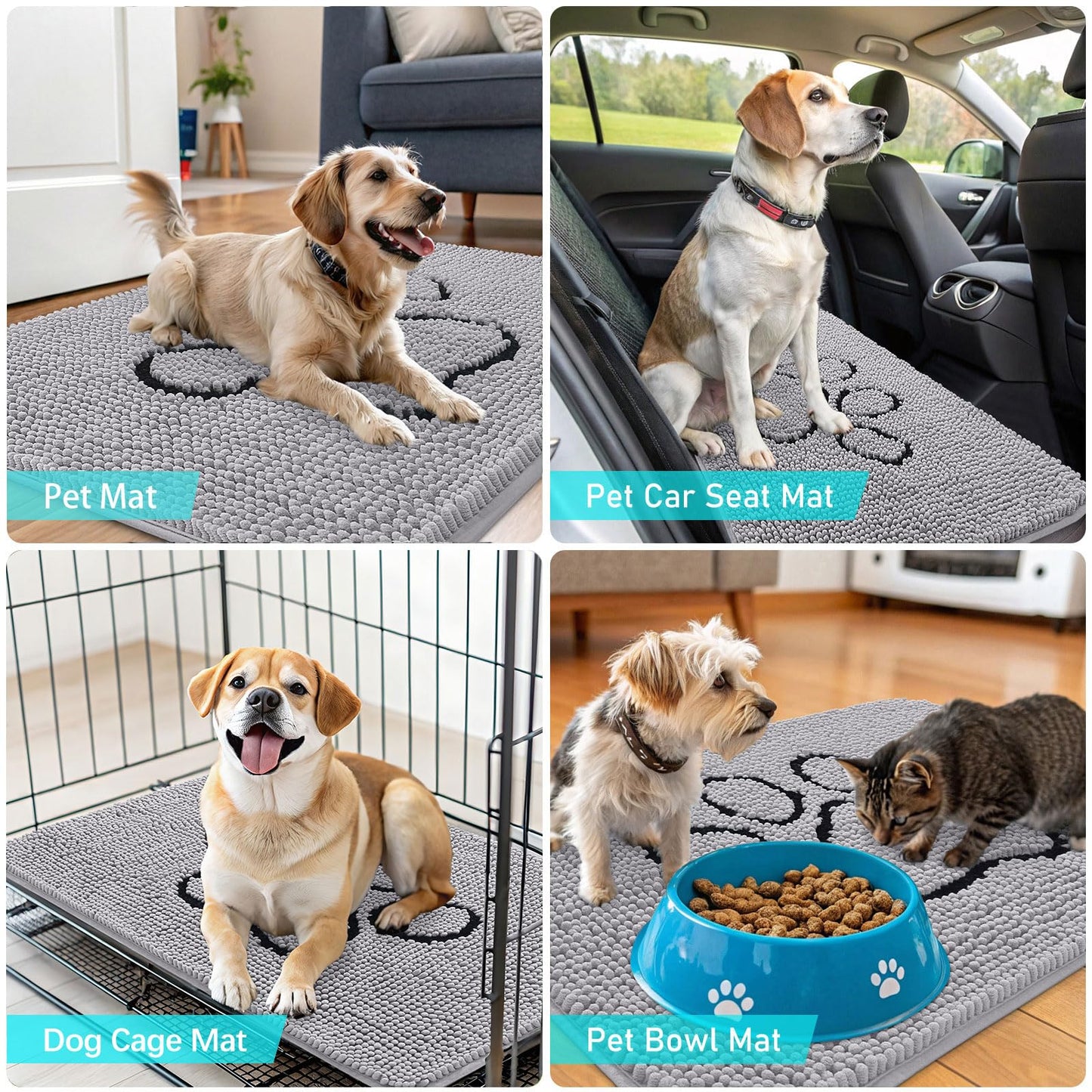 OLANLY Dog Door Mat for Muddy Paws 48x30, Paw Print Design, Absorbs Moisture and Dirt, Non-Slip Washable Doormat, Quick Dry Chenille Mud Mat for Dogs, Entry Indoor Entryway Carpet, Light Grey