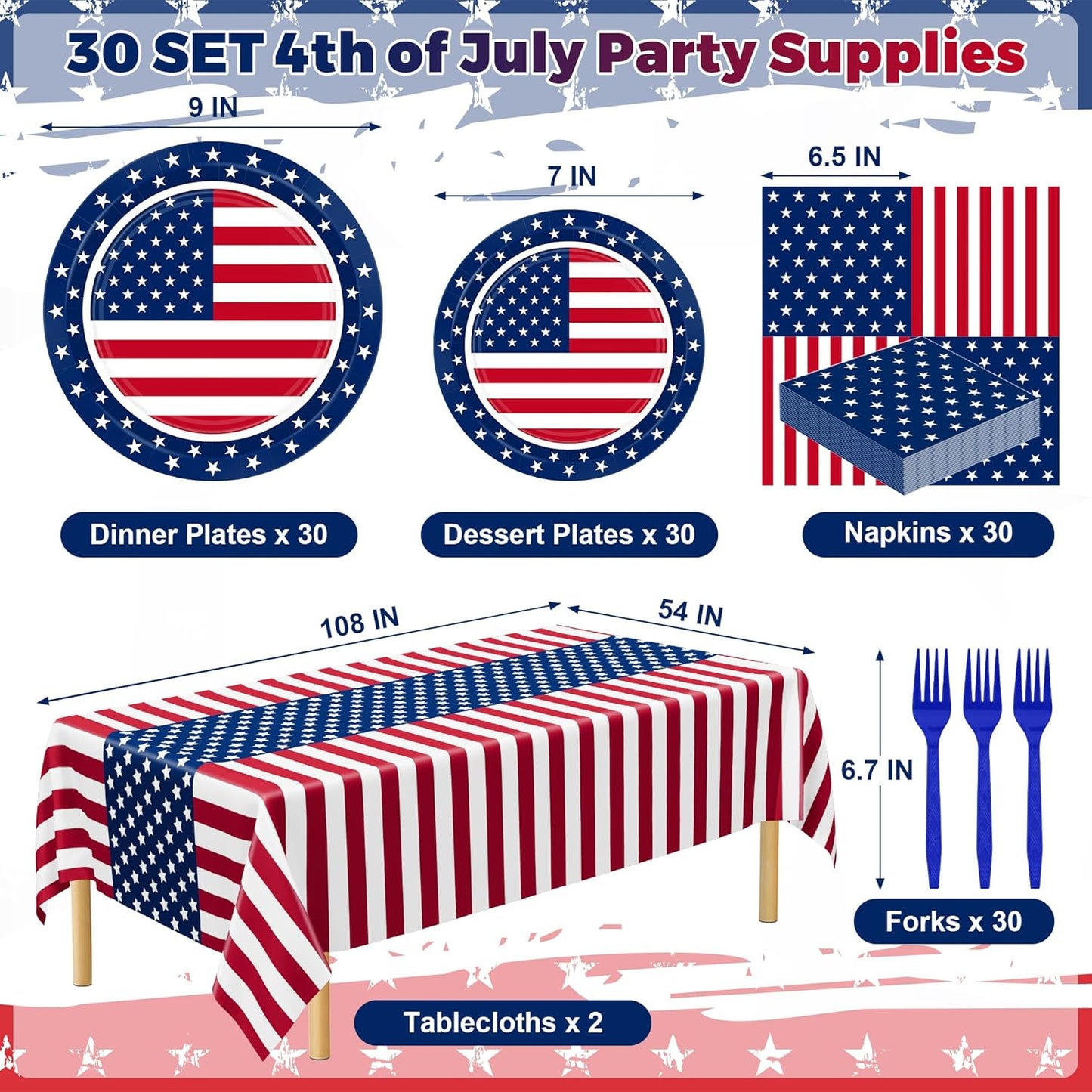 QZYL 122 PCS Fourth of July Decorations - Patriotic Plates, Napkins & Tableware Set | American Flag Design