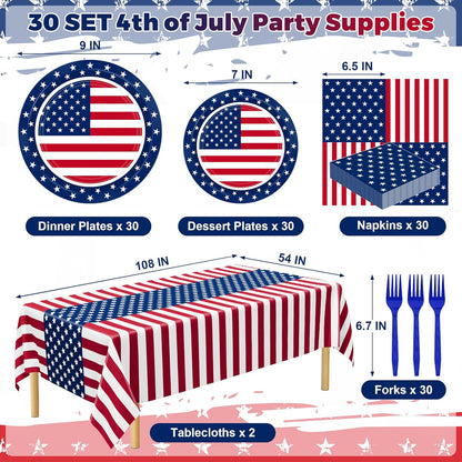 QZYL 122 PCS Fourth of July Decorations - Patriotic Plates, Napkins & Tableware Set | American Flag Design