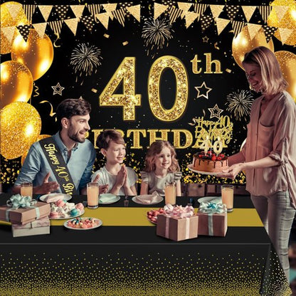 40th Birthday Decorations - Black and Gold Banner, Table Cloth, Balloons, Sash & Cake Topper
