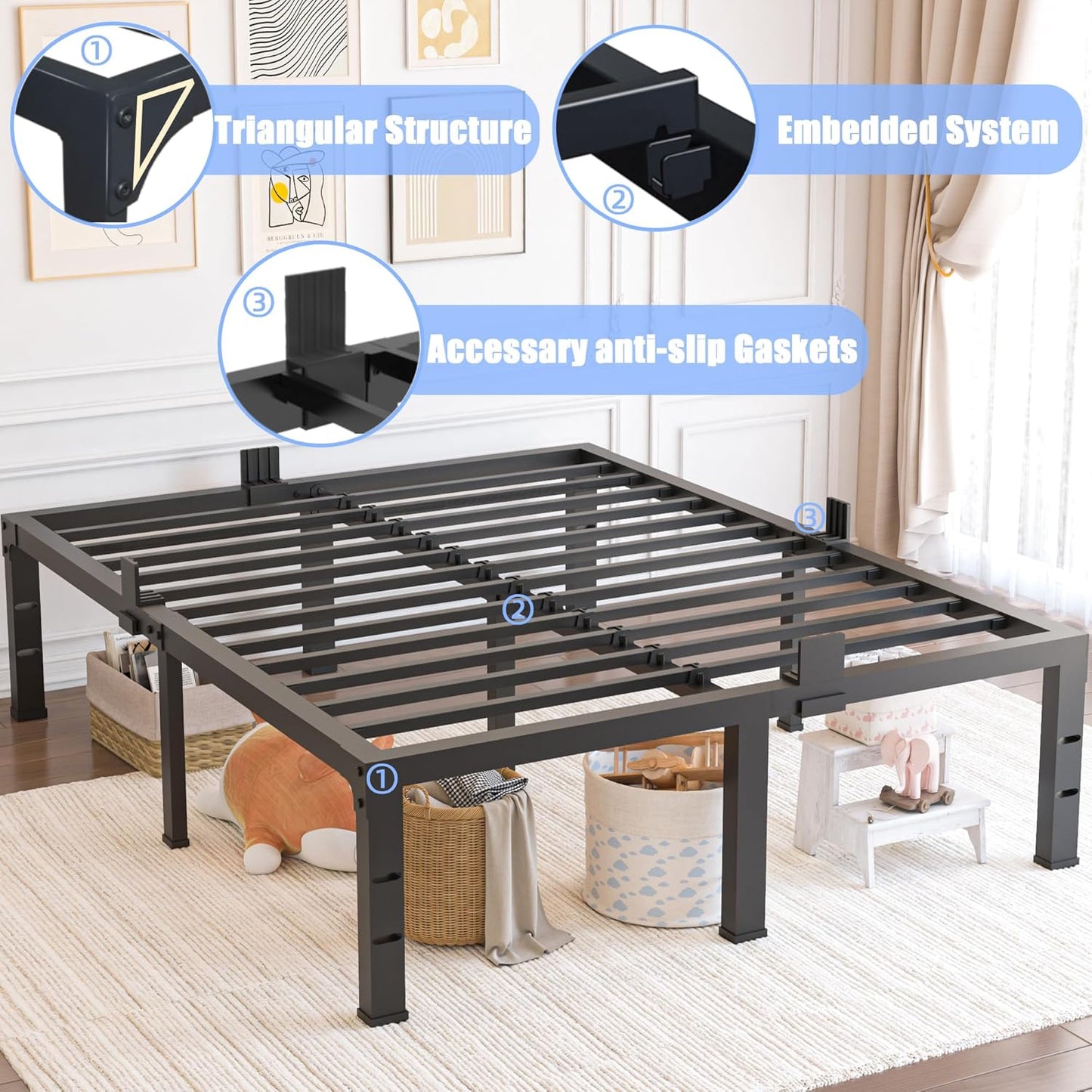 Yitong Angel Queen Size Bed Frame - 18-Inch High Heavy-Duty Metal Platform with Steel Slat Support | Noise-Free, Easy Assembly