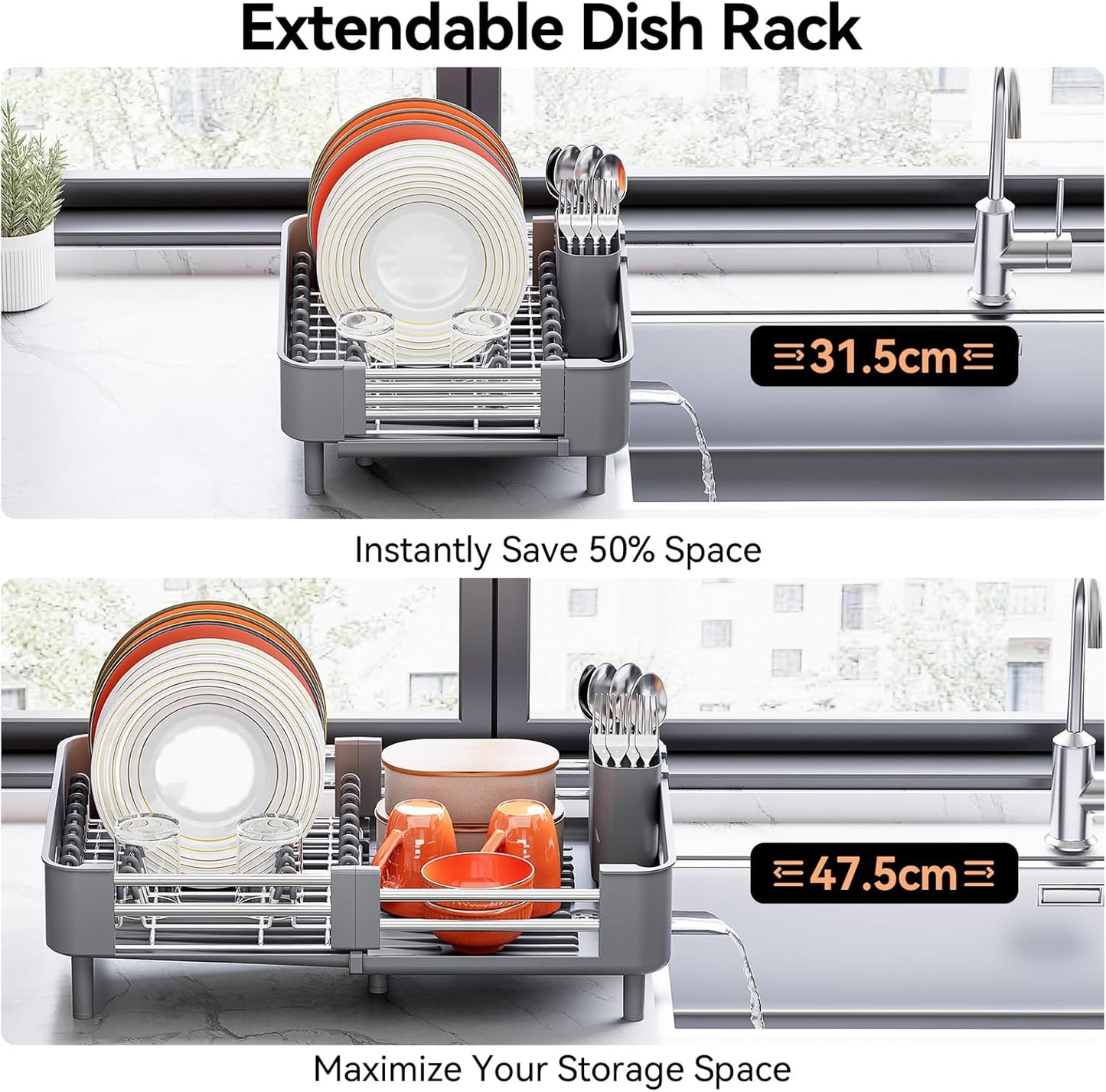 Skiennix Stainless Steel Dish Drying Rack - Space-Saving Kitchen Organizer with Extendable Drainboard & Foldable Design, Gray