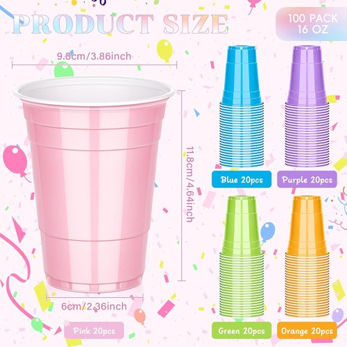 KesaPlan 100 Pack 16 OZ Pastel Rainbow Plastic Cups - Colorful Disposable Drinking Cups for Parties & Events