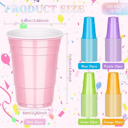 KesaPlan 100 Pack 16 OZ Pastel Rainbow Plastic Cups - Colorful Disposable Drinking Cups for Parties & Events