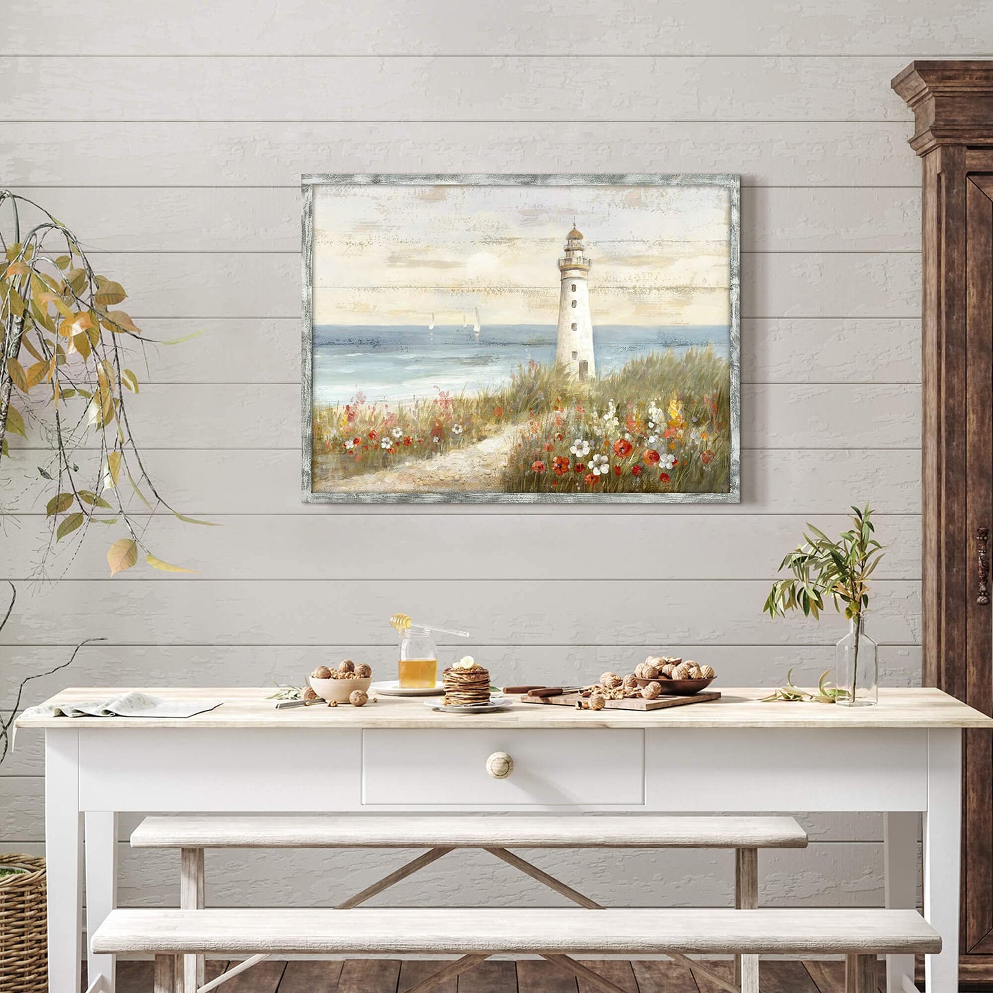 Lighthouse Framed Wooden Wall Art: Abstract Ocean Artwork Seascape Painting Beach Art Prints Coastal Pictures for Living Room 40"x30"