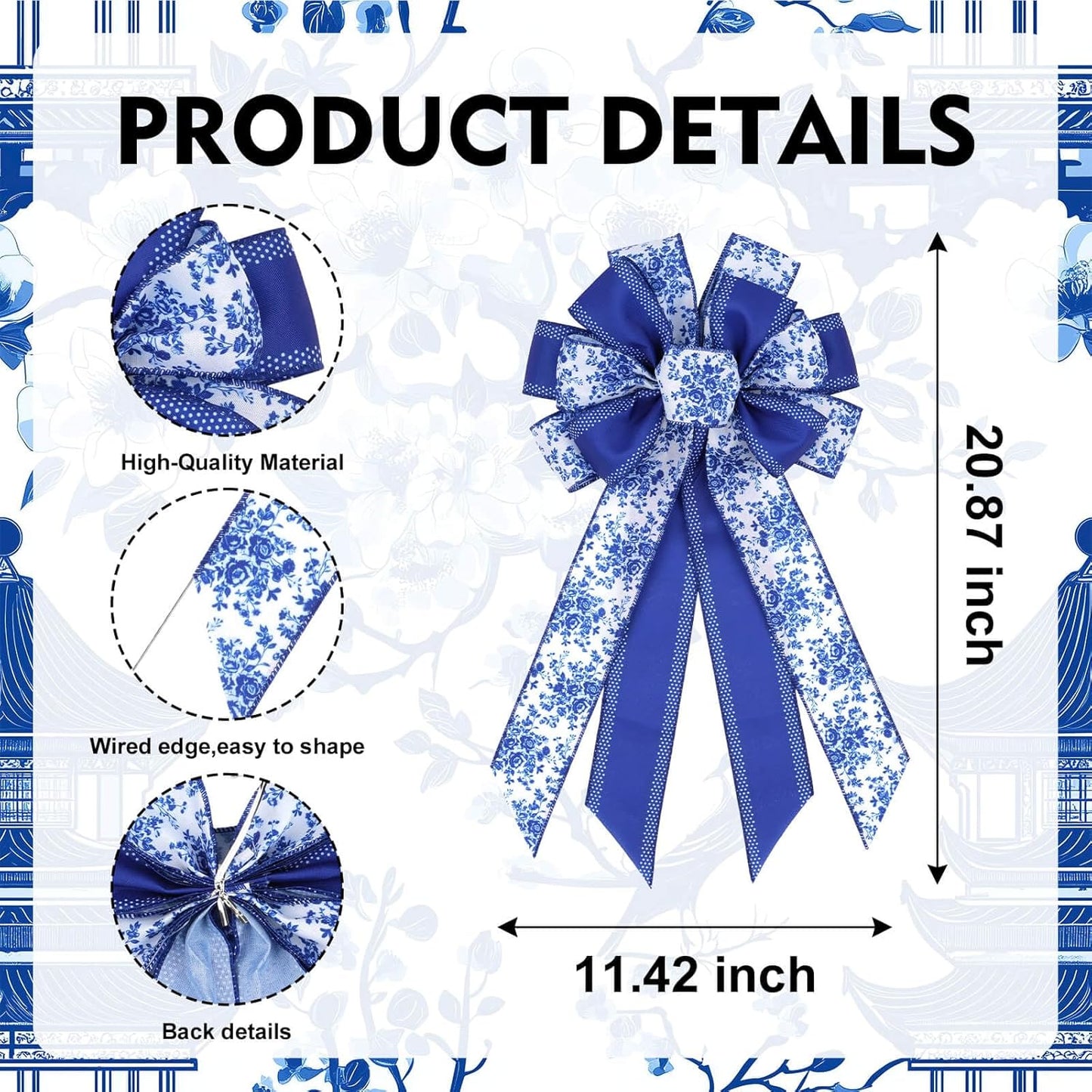 Chinoiserie Wreath Bow by Blue - 21-Inch Large Spring Floral Wired Ribbon for Front Door Decor