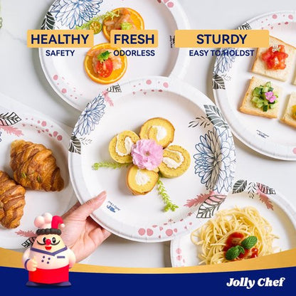 JOLLY CHEF 𝟭𝟰𝟬 𝗖𝗼𝘂𝗻𝘁 𝗣𝗮𝗽𝗲𝗿 𝗣𝗹𝗮𝘁𝗲𝘀 𝟭𝟬 𝗶𝗻𝗰𝗵 Soak Proof, Cut Proof, Heavy Duty Flower Printed Disposable Paper Plates for Everyday Use