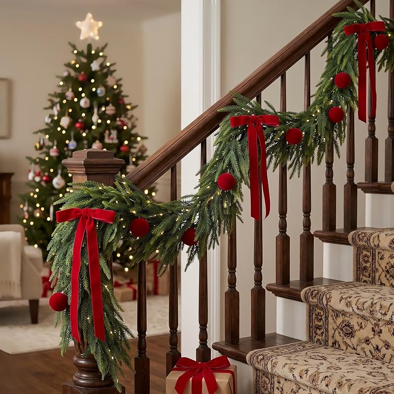 9ft Christmas Cedar Garland with Ornaments for Mantel & Fireplace — Realistic Artificial Norfolk Pine Cedar Garlands