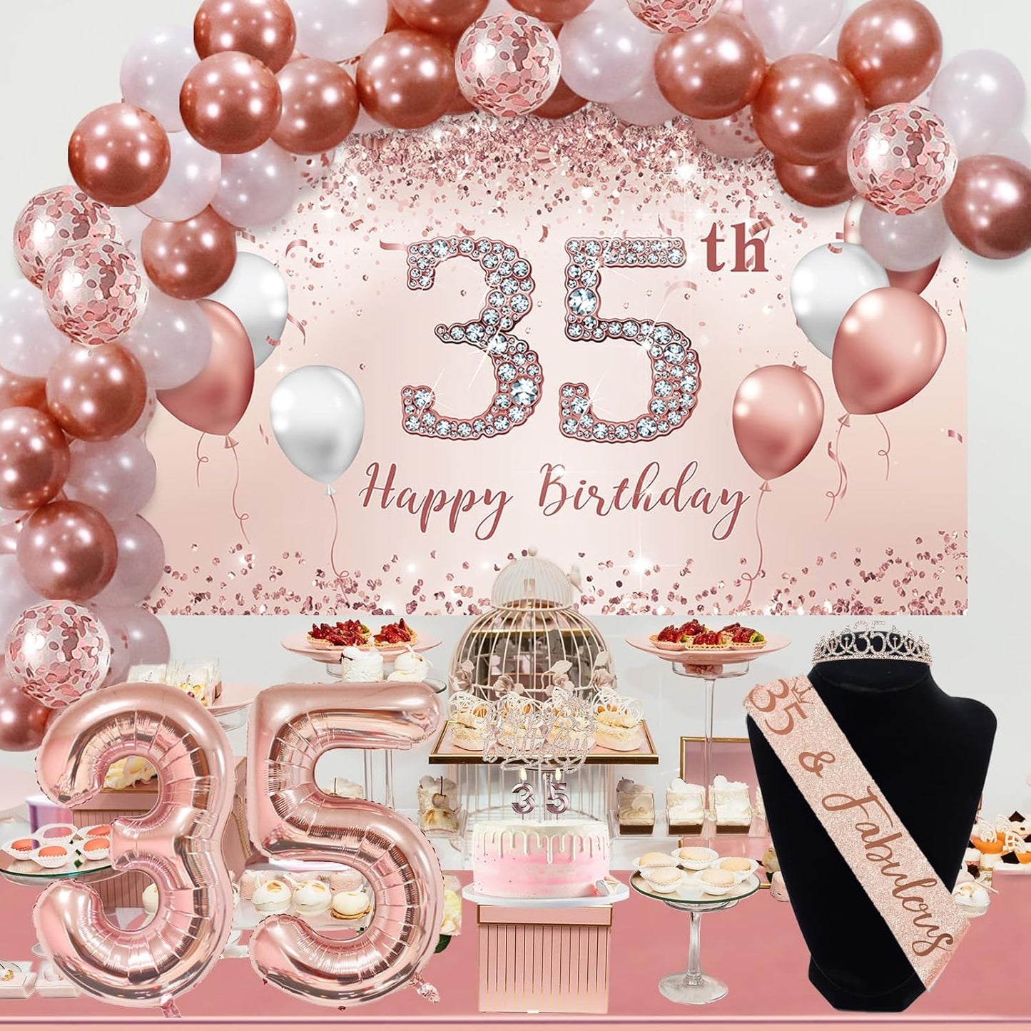 Trgowaul 35th Birthday Decorations Set - Rose Gold Balloon Arch, Banner & Tiara | Pink & Gold Theme