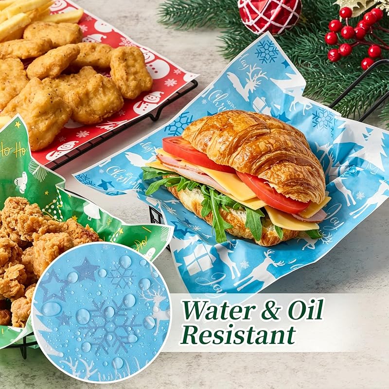 Christmas Wax Paper Sheets 150-Pack 9.8 x 9.8in - Food Safe, Oil Proof, Microwave & Freezer Ready - Red Green Blue Variation