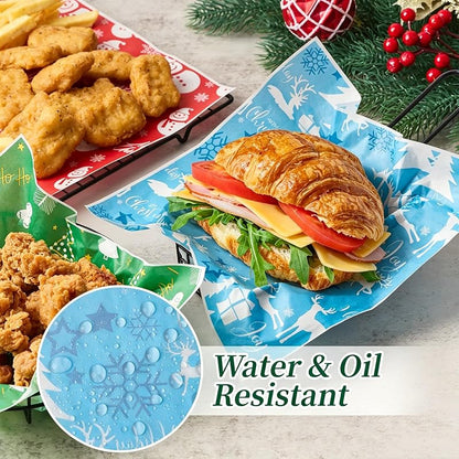 Christmas Wax Paper Sheets 150-Pack 9.8 x 9.8in - Food Safe, Oil Proof, Microwave & Freezer Ready - Red Green Blue Variation