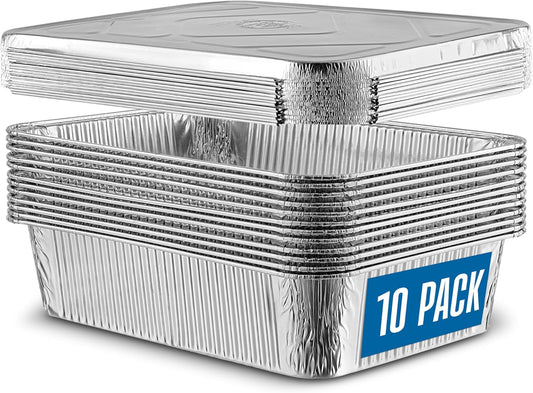 PlasticPro Aluminum Pans - 10 Pack Heavy-Duty 12.5'' x 9'' Disposable Foil Pans with Covers for Baking