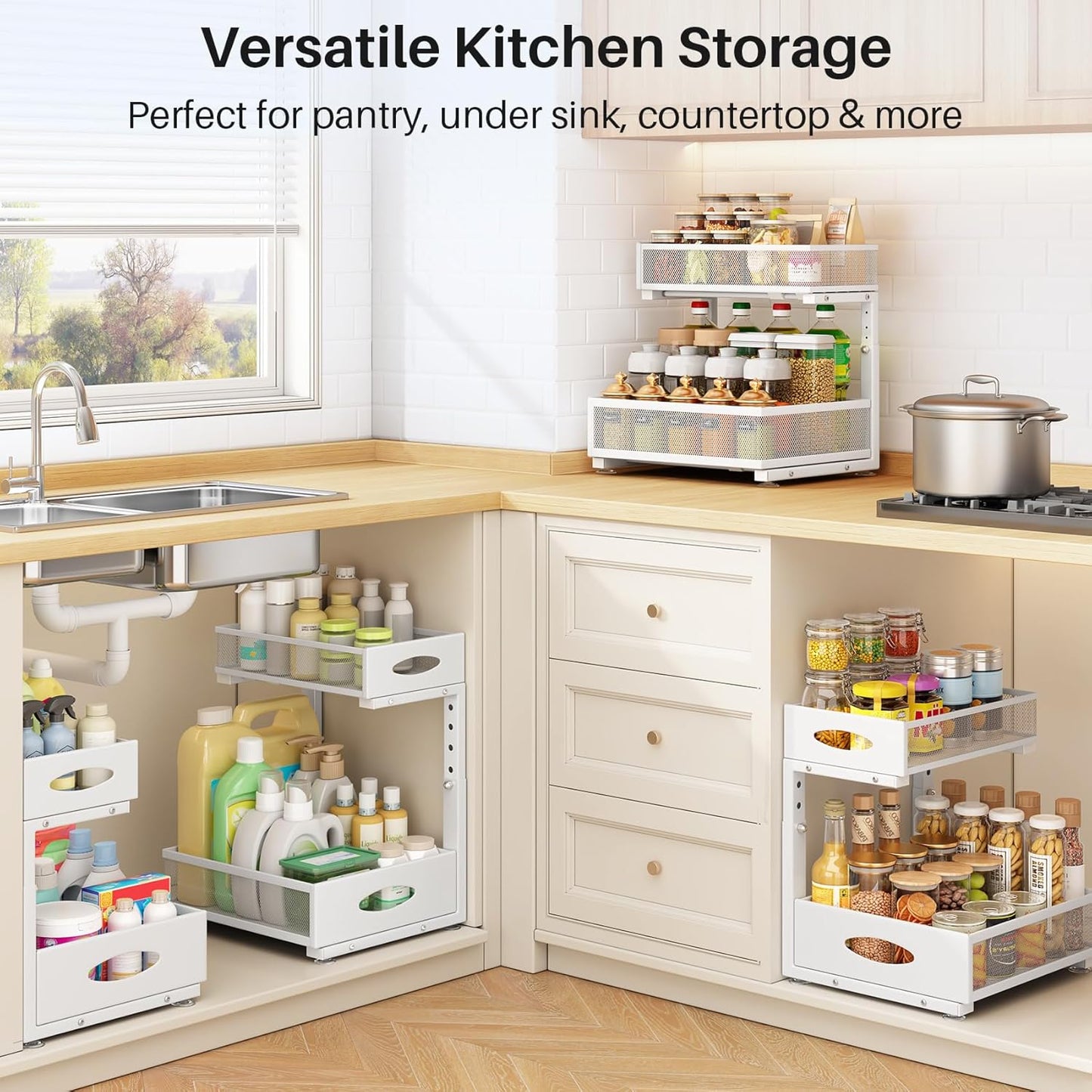 Under Sink Organizer | 2-Pack 2-Tier Pull-Out Shelf with Mesh Drawers for Kitchen & Bathroom