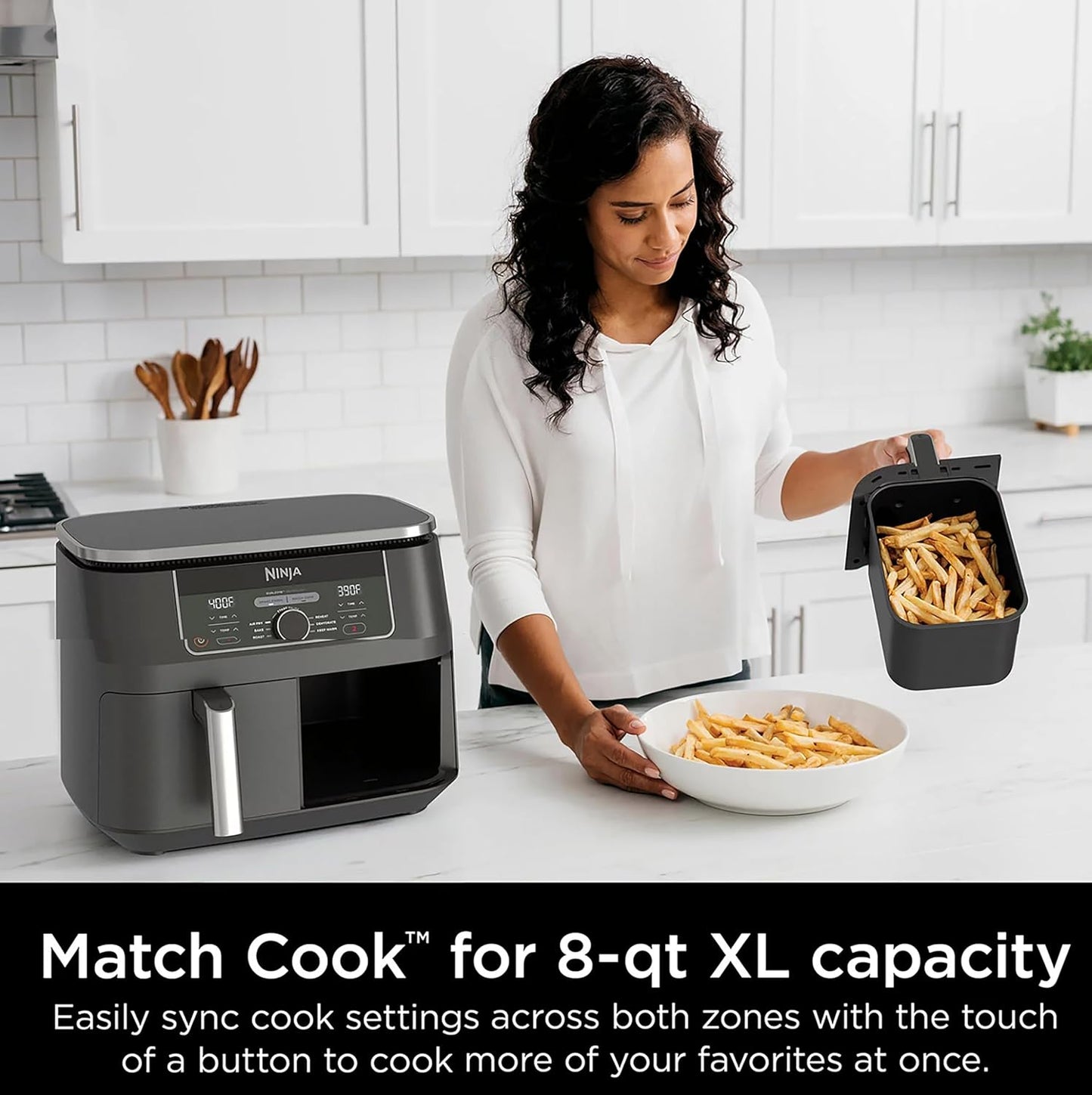 Ninja AD150 Foodi 8 Quart DualZone Air Fryer - 6-in-1 with 2 Baskets for Quick, Easy Meals - Black (Renewed)