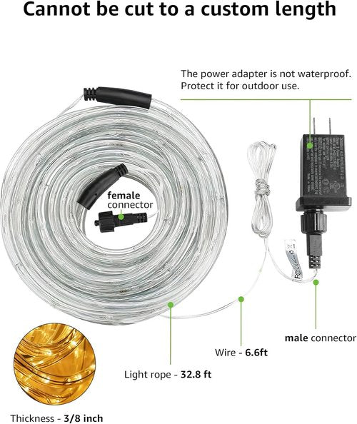 LE 33ft LED Rope Lights - 240 Warm White LEDs | Waterproof Outdoor String Lights for Patio & Deck