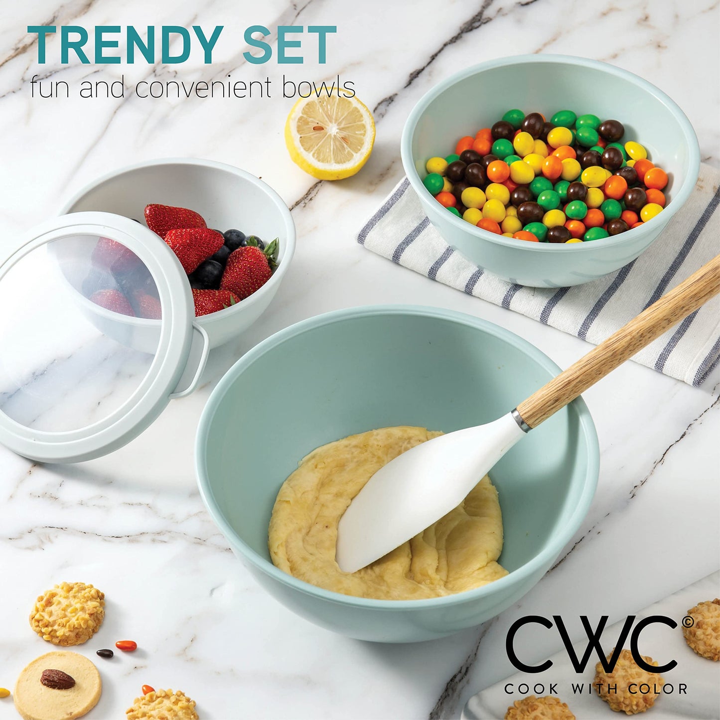 COOK WITH COLOR Mixing Bowls with TPR Lids - 12 Piece Plastic Nesting Bowls Set includes 6 Prep Bowls and 6 Lids, Microwave Safe Mixing Bowl Set (Teal)