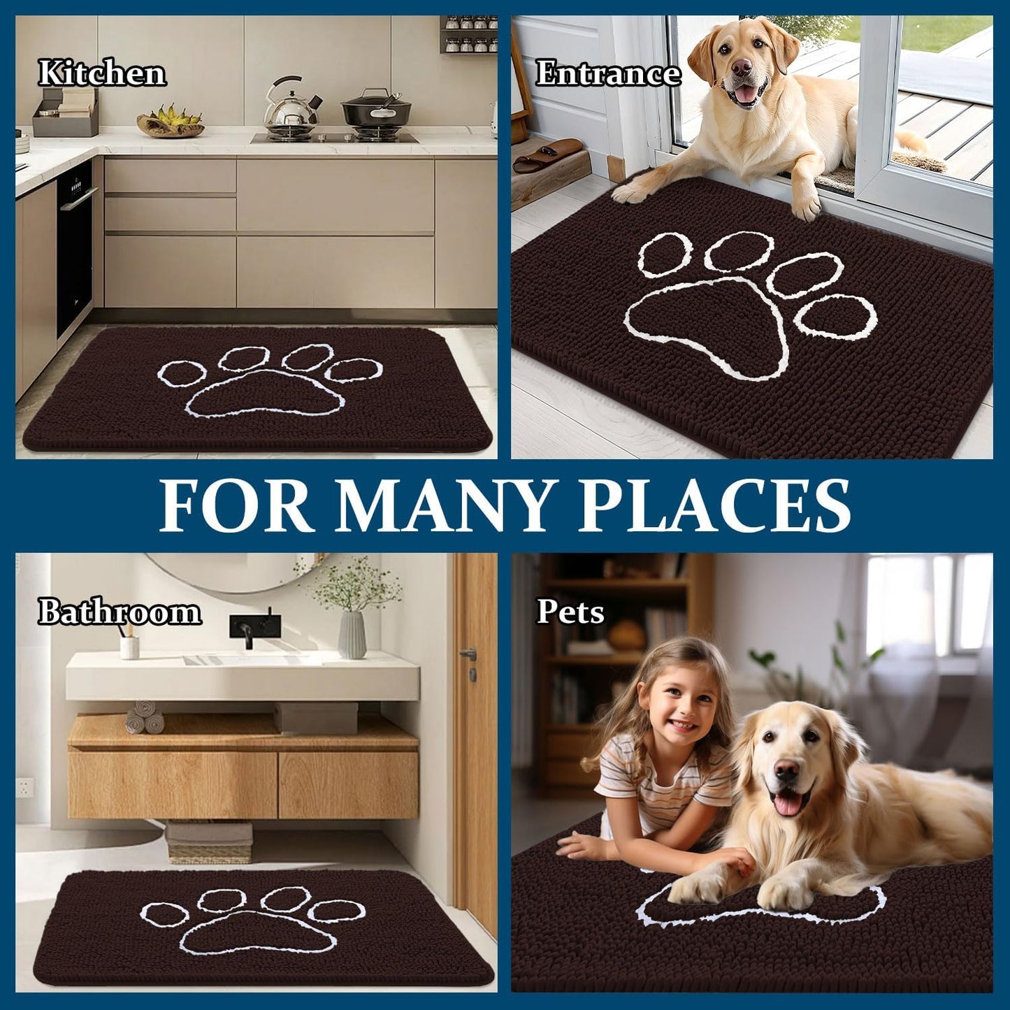 OLANLY Dog Door Mat - Absorbent Non-Slip Mud Mat for Paws | 70x24 Inch, Quick Dry Chenille, Brown
