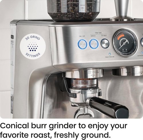 Chefman Crema Supreme Espresso Machine - 15 Bar Pressure, Milk Frother & Coffee Grinder, 3L Tank - Stainless Steel